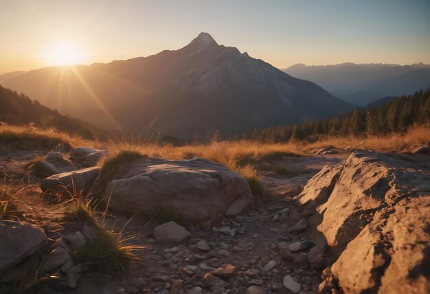 Photo a mountain with a rock in the foreground and a mountain in the background