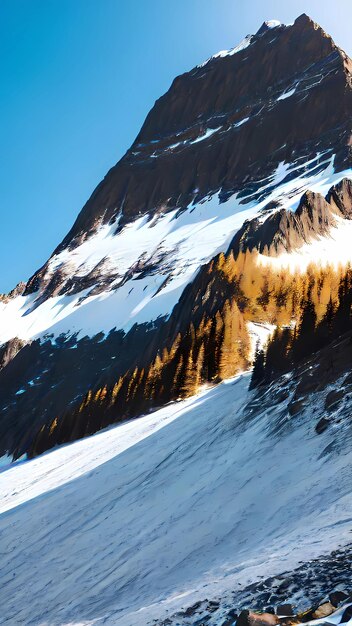 a mountain with snow on the bottom and a blue sky in the background.