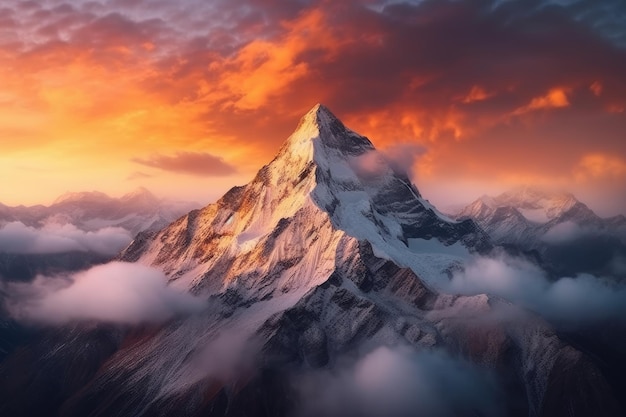 a mountain with snow and clouds