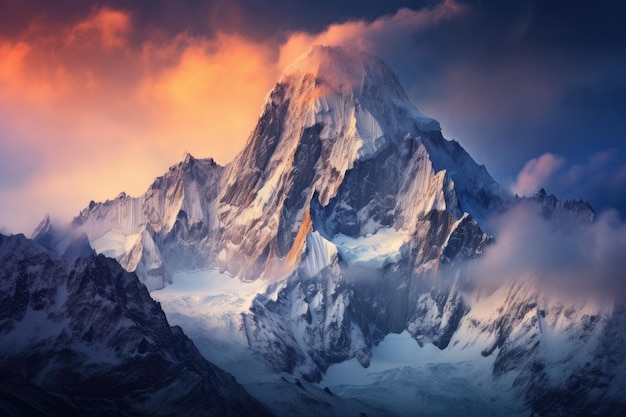 a mountain with snow and clouds