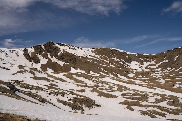 A mountain with snow on it and a blue sky with clouds