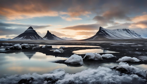 Photo a mountain with snow on it and ice in the water