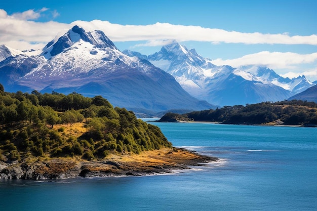 a mountain with snow on it and a lake in the background