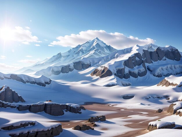 a mountain with snow on it and a red sign in the background.