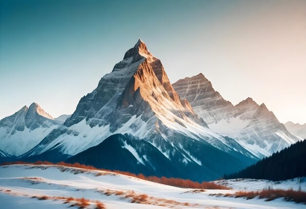 Foto una montagna con la neve su di essa e il sole che splende su di essa