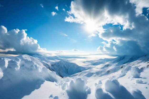 その上に雪が積もった山と雲の中を照らす太陽