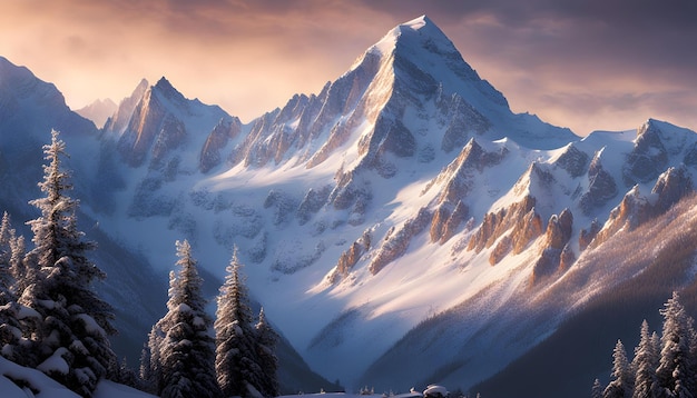 a mountain with snow on it and trees in the background