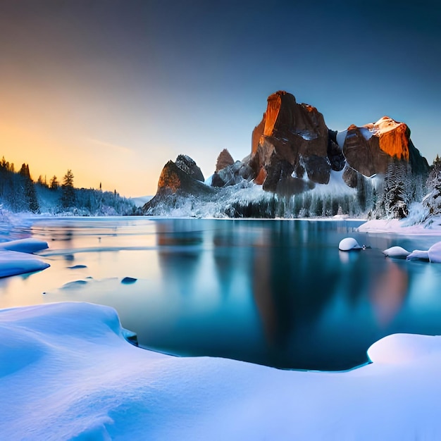 A mountain with snow and a rock in the background