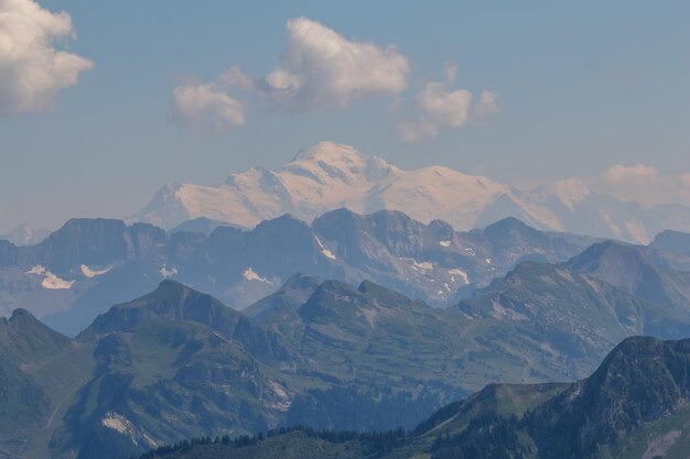 A mountain with some mountains on both sides and a clear blue sky