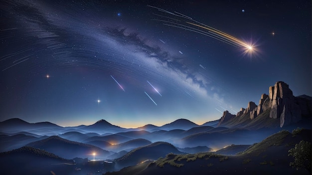 a mountain with a star trail in the sky above it and a mountain range in the distance