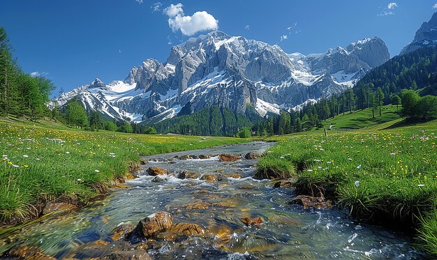 a mountain with a stream running through it and a mountain in the background