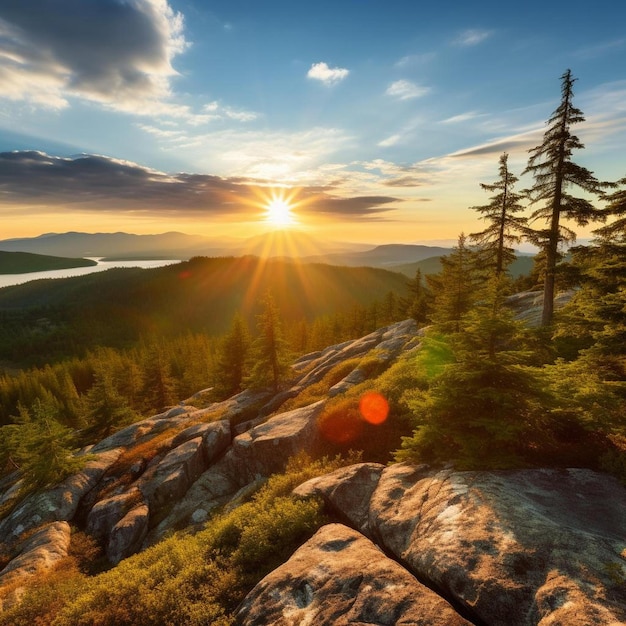 a mountain with a sunset in the background and a mountain with trees on the right