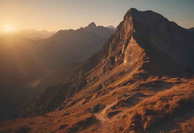 Photo a mountain with a sunset in the background