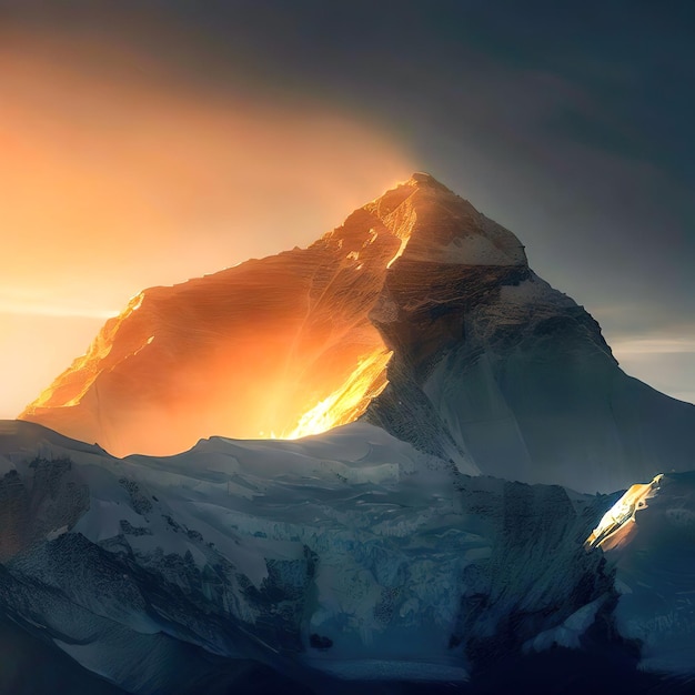 A mountain with a sunset in the background