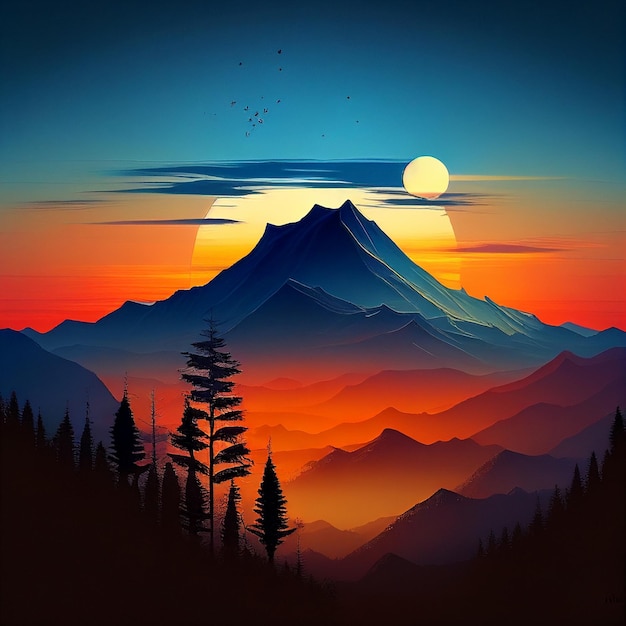 A mountain with a sunset and a sun in the background