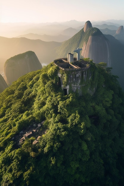 A mountain with a temple on it