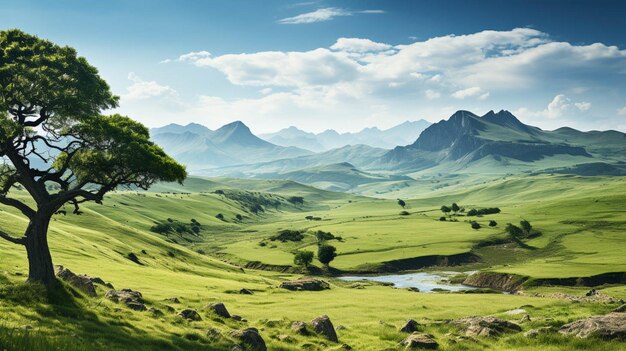 Photo a mountain with trees green landscape in the distance