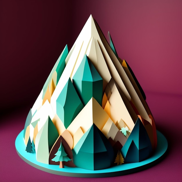 A mountain with trees on it is made of paper