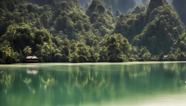 Photo a mountain with trees and a lake with a sign that says  no  on it