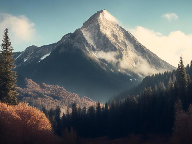 a mountain with trees and snow on top