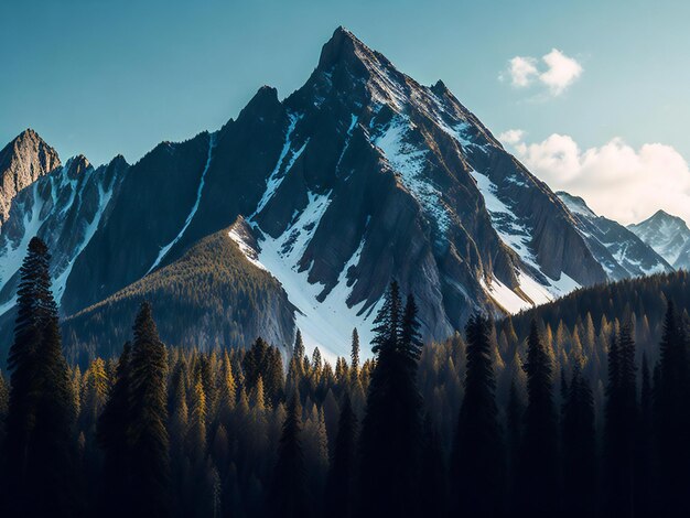 a mountain with trees and snow on top