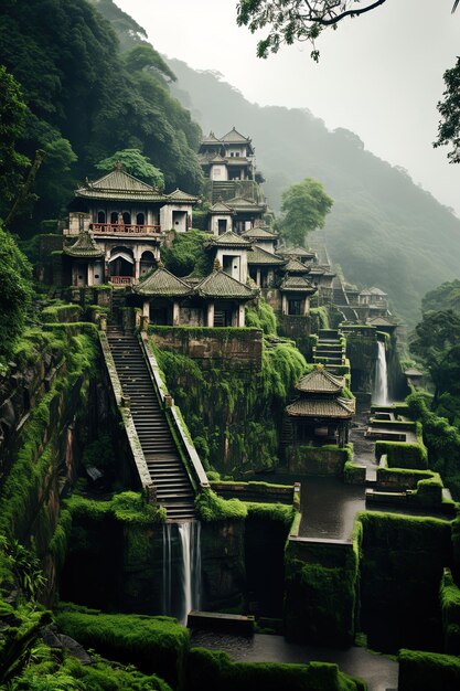 a mountain with a waterfall and a temple on the top