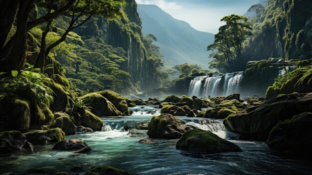 mountain with waterfall in tropical forest