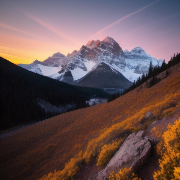 A mountain with yellow flowers and a purple sky with a sunset in the background.