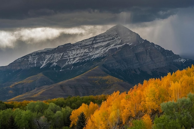 A mountain and yellow aspens under dramatic sky during Fall foliage
