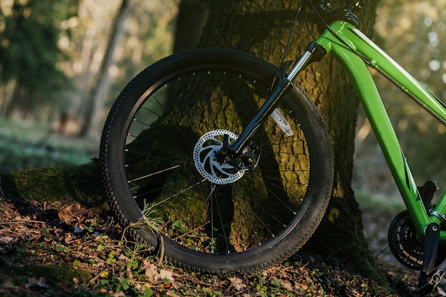 厚いオフロードタイヤを備えたマウンテンバイク。自転車mtbクロスカントリーアルミニウム、森のサイクリングスポーツ輸送コンセプト