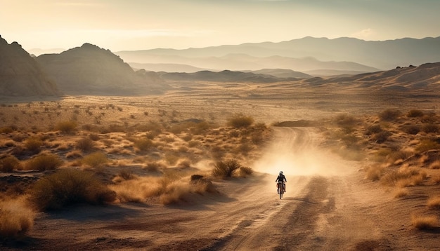 Foto mountainbiken door dor terrein bij zonsondergang gegenereerd door ai