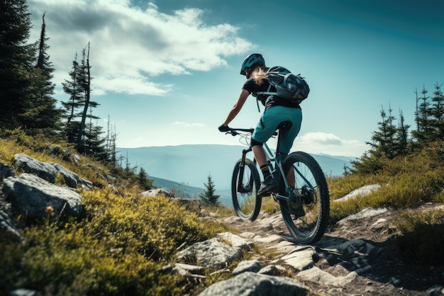 Mountainbiken vrouw rijden op de fiets in de zomer bergen boslandschap Generatieve AI