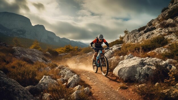 Mountainbiker fietser op een fiets bergafwaarts op een mountainbike pad fietser op de Beautiful Spring Mountain Trail