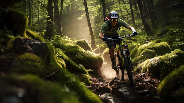 Mountainbiker op een uitdagend pad in het bos