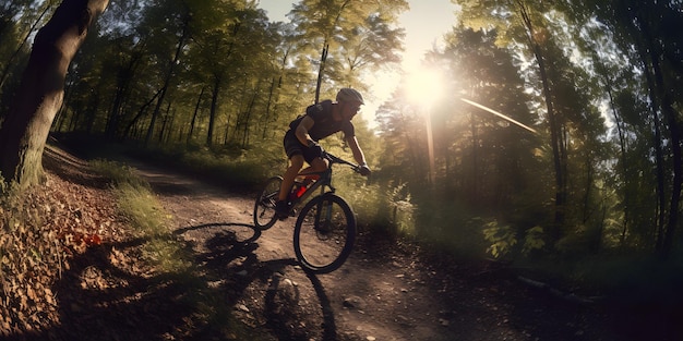 mountainbiker rijdt door een bos met de zon op het fietspad