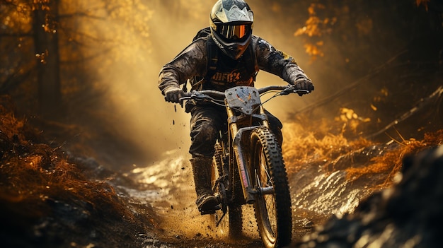 Mountainbiker rijdt door het bos op een mistige dag