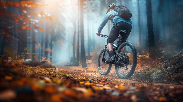 Mountainbiker rijdt door mistig herfstbos