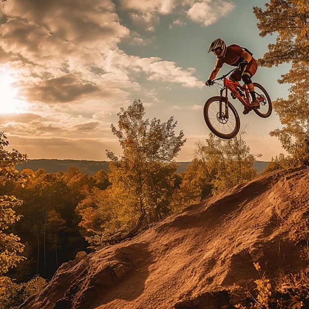 Mountainbiker rijdt in het herfstbos