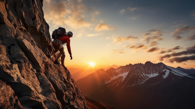 Mountaineer ascends sheer rock face with brightly colored climbing gear fiery sunset atmosphere