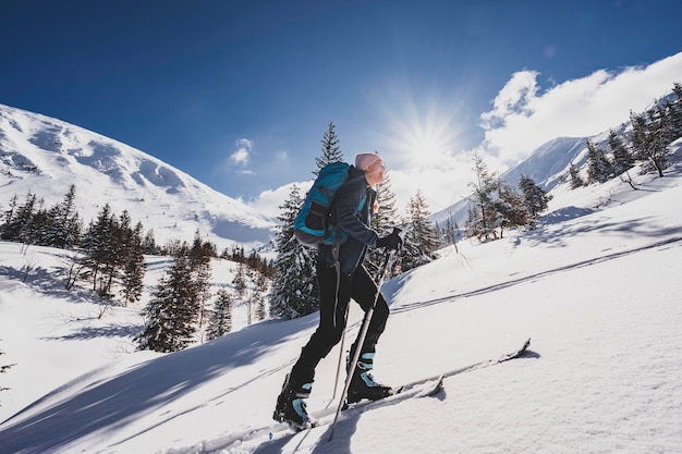 写真 登山家 バックカントリー スキー ウォーキング 山でのスキー アルピニスト 雪に覆われた木々 のある高山の風景でのスキー ツーリング アドベンチャー ウィンター スポーツ