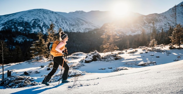 登山家 バックカントリー スキー ウォーキング 山でのスキー アルピニスト 雪に覆われた木々 のある高山の風景でのスキー ツーリング アドベンチャー ウィンター スポーツ