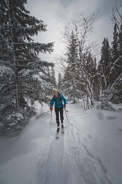 Mountaineer backcountry ski walking ski alpinist in the mountains Ski touring in alpine landscape with snowy trees Adventure winter sport