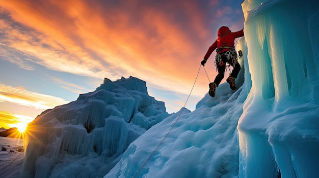 Mountaineer crosses treacherous ice bridge with vibrant gear against blue glacier dynamic sunset