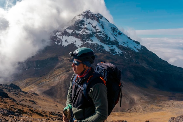 Mountaineer in the high field of the chimborazo volcano