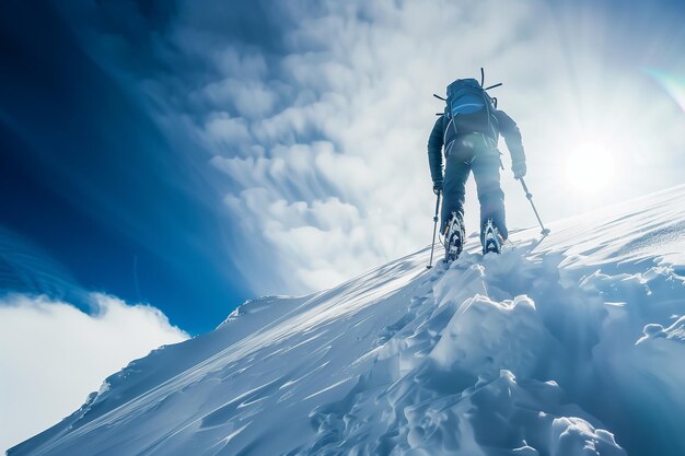 背中を背負って雪に覆われた高山でスノーシューを履く登山家