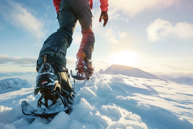 Foto alpinista sulla schiena in alte montagne innevate con scarpe da neve