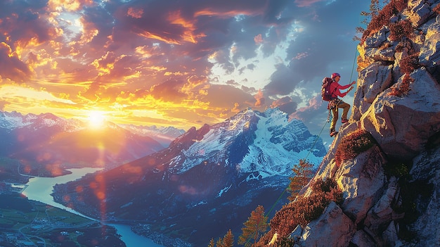 a mountaineer is climbing a mountain with the sun setting behind him