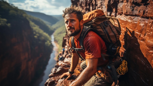 A mountaineer is resting on the edge of a cliff