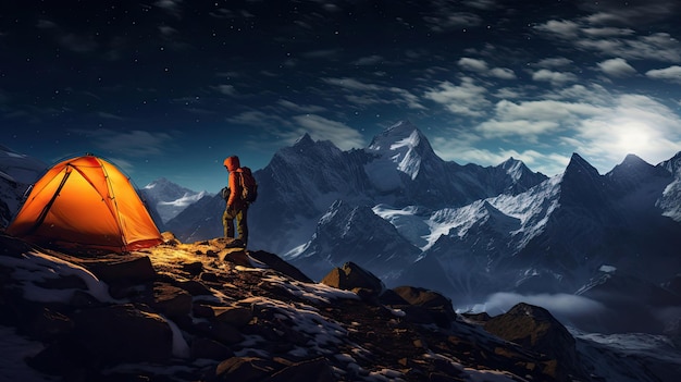 Mountaineer on narrow snowy ridge