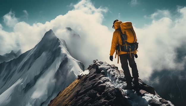 альпинист, преодолевающий крутой и узкий горный перевал в Национальный день альпинизма